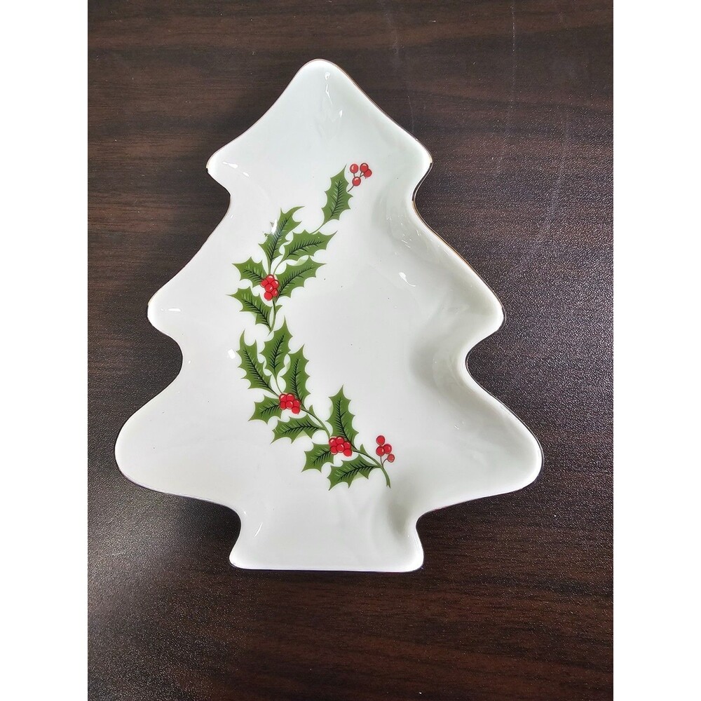 Vintage Tree Shaped Holly Dish Japan Porcelain Fine China Christmas Decor